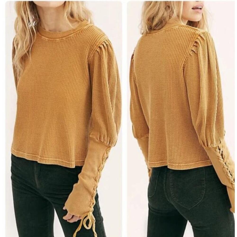 FP One Shirt Womens Medium Yellow Waffle Knit Lace Up Sleeve Thermal Boho Top